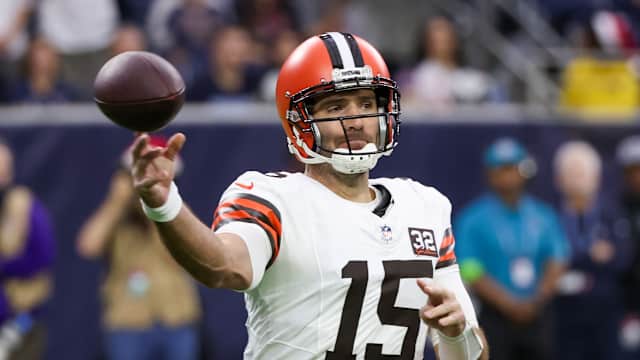 Dec 24, 2023; Houston, Texas, USA; Cleveland Browns quarterback Joe Flacco (15) passes against the Houston Texans in the first quarter at NRG Stadium.